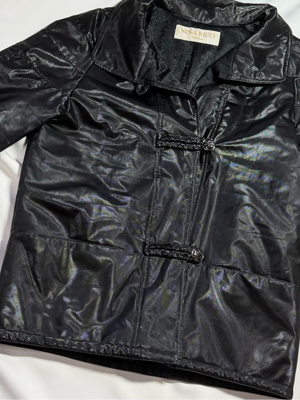 Vintage Nina Ricci Black Shiny Braided-Trim Trench Coat
